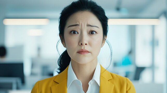 Young Asian businesswoman expresses concern in office setting