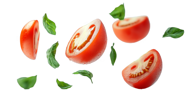 Vibrant Tomato Basil Splash Juicy Slices, Leafy Greens, Abstract Background