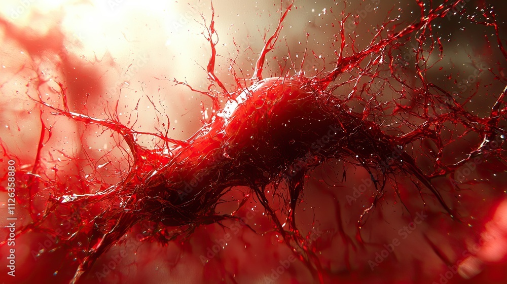 Poster abstract depiction of red organic structure with intricate details and dynamic shapes in a vivid bac