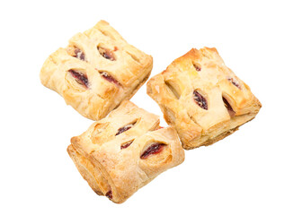 Three Puff Pastries with Fruit Filling Isolated on White or Transparent Background