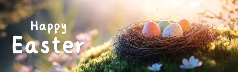 Fototapeta premium Colorful Easter eggs in a bird's nest on a green grass meadow, with spring flowers and sunlight bokeh in the background.