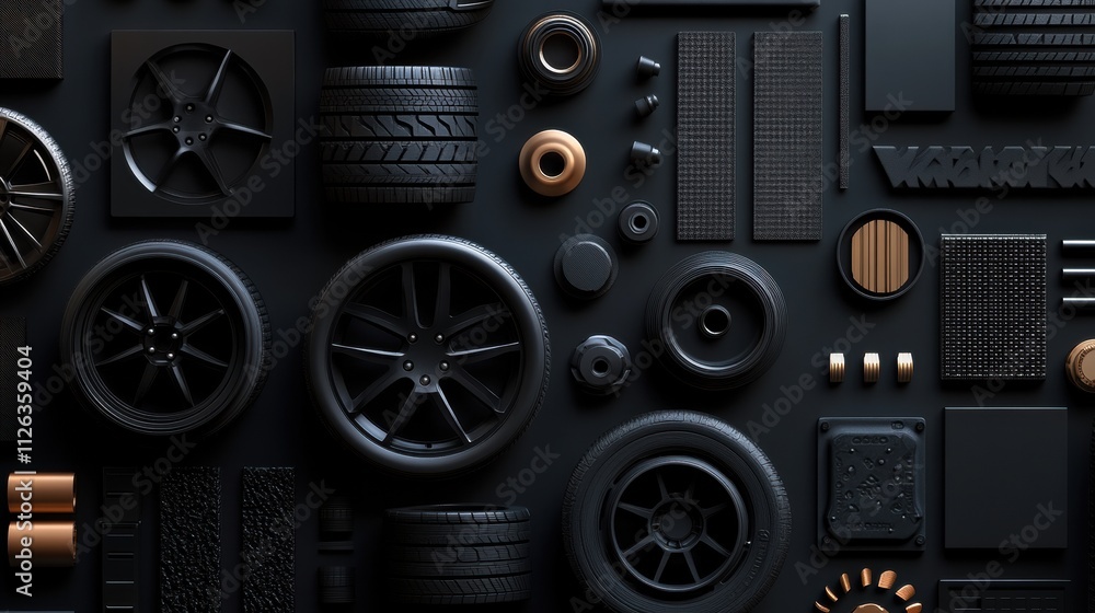 Fototapete different types of car tires, rims, and brake pads are neatly arranged against a dark background, pr