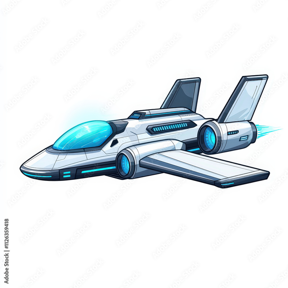 Poster futuristic spaceship design with sleek lines and blue accents, showcasing advanced technology and st