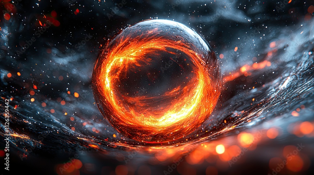 Poster swirling fiery orb surrounded by cosmic elements and glowing particles in a dark space environment