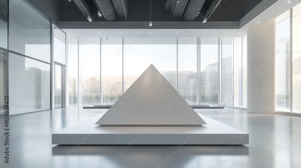 Poster a product display pyramid with a clean white base in an open showroom.