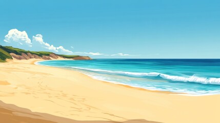 A pristine empty beach with turquoise blue waters, soft golden sands, and a clear blue sky. Perfect for summer banners.
