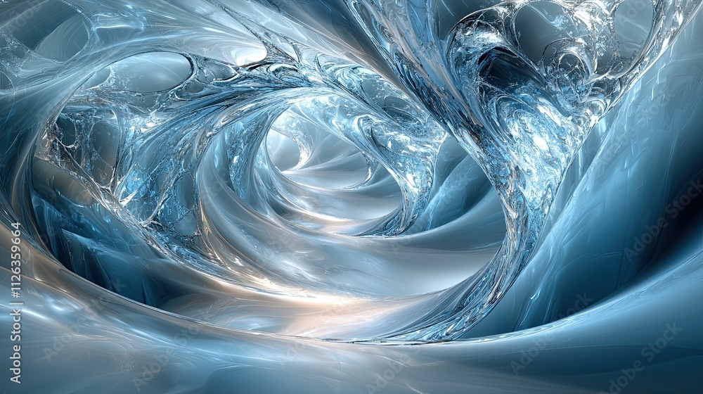 Poster swirling abstract pattern with blue and silver tones creating a mesmerizing visual experience in a d