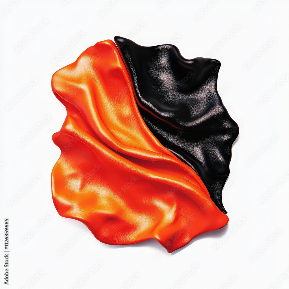 Poster vibrant abstract design featuring flowing orange and black fabric textures, creating dynamic visual effect. interplay of colors evokes sense of movement and energy