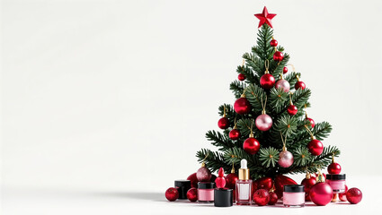 Christmas tree made of makeup cosmetics and decor on light background