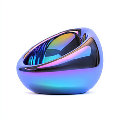 futuristic, abstract chair design with glossy, iridescent finish, showcasing vibrant colors and smooth curves. This unique piece adds modern touch to any space