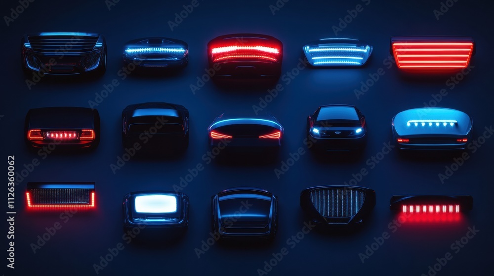 Aufkleber a variety of led car headlights and tail lights are artistically arranged against a dark background,