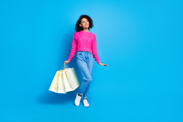 Full lenth photo of shiny dreamy lady dressed knitted pullover holding bargains looking empty space...