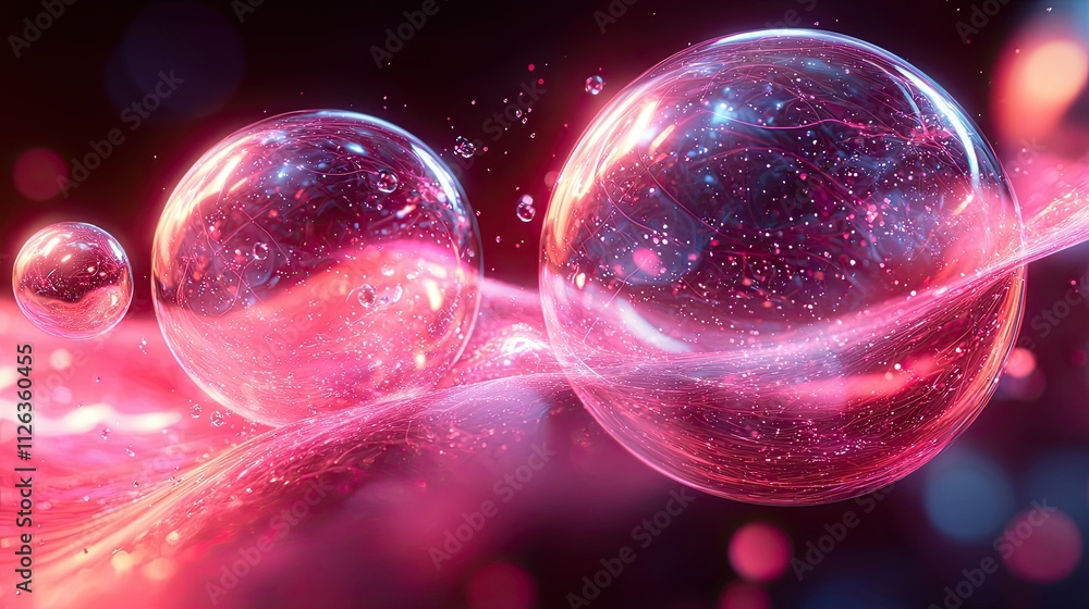 Poster vibrant bubbles floating in a colorful liquid fantasy with swirling patterns and reflections at nigh