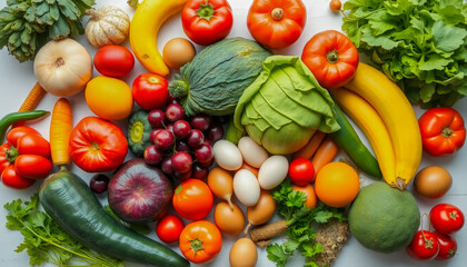 A vibrant assortment of fresh vegetables, including tomatoes, peppers, broccoli, and more, arranged on a white surface, symbolizing health and natural nutrition.