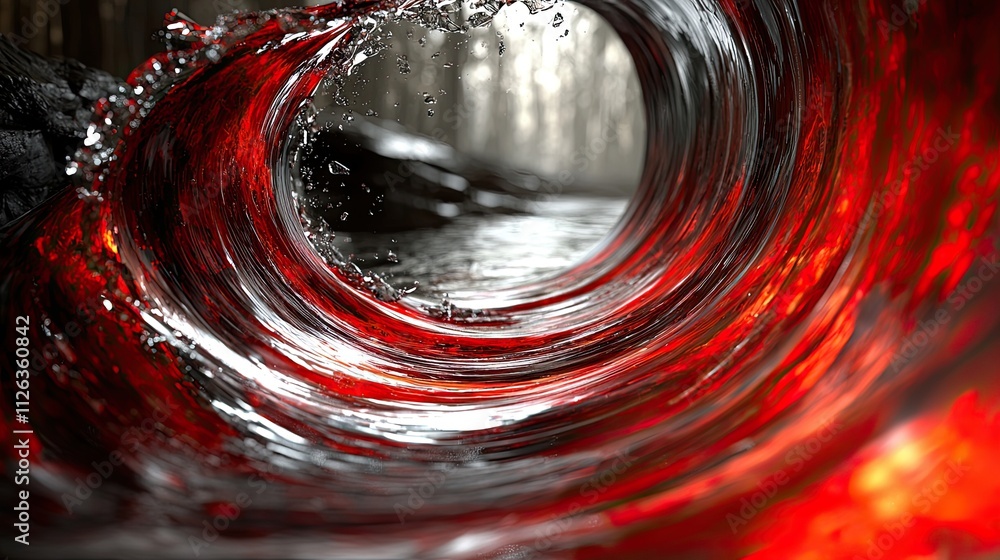 Poster surreal water swirl with deep red tones creates a striking visual in a foggy forest setting