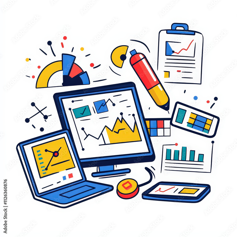 Aufkleber data collection and analysis illustrated with colorful charts, graphs, and devices. this vibrant des
