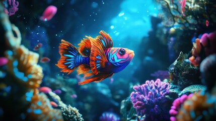 Fototapeta premium A serene underwater scene featuring a mandarin fish, surrounded by diverse coral textures and illuminated by ocean light.