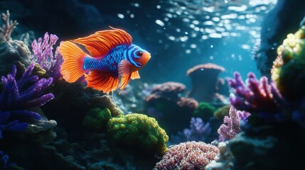 A serene underwater scene featuring a mandarin fish, surrounded by diverse coral textures and illuminated by ocean light.