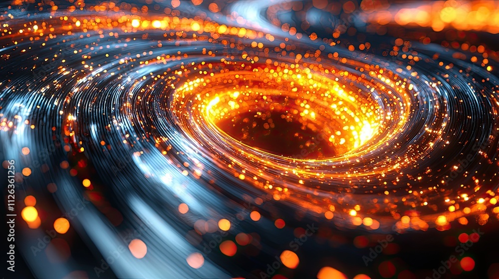 Poster swirling cosmic vortex with fiery particles and glowing luminous elements in a dark space background