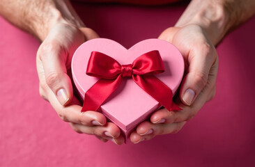 Close-up of male hands holding heart-shaped box. Valentine's day concept.