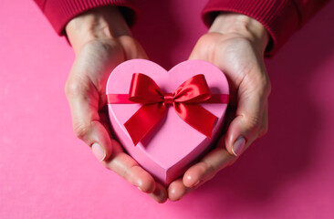Close-up of male hands holding heart-shaped box. Valentine's day concept.