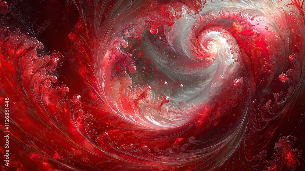 Poster swirling red and gray abstract design with intricate patterns and textures in a cosmic theme
