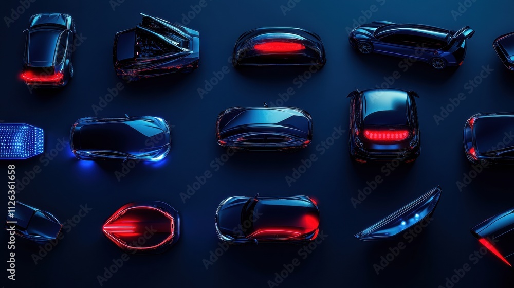 Poster various led car headlights and tail lights are displayed together, showcasing a blend of styles and 