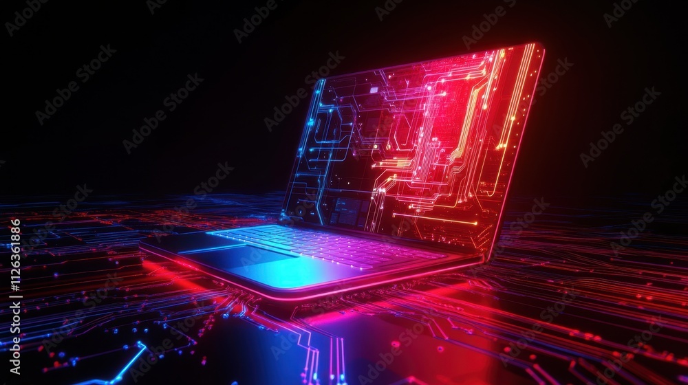 Poster a sleek laptop glowing in neon hues, with futuristic circuit patterns in the background for a tech-f