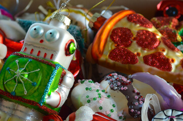 Christmas Tree Decorations for Christmas and New Year. A variety of colorful Christmas ornaments ready to decorate the tree for New Year and Christmas celebrations.