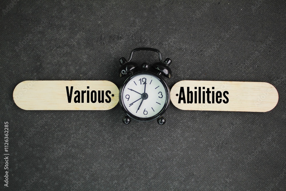 Poster bell clock with words of various abilities. the concept of multiple skills can be done for one perso