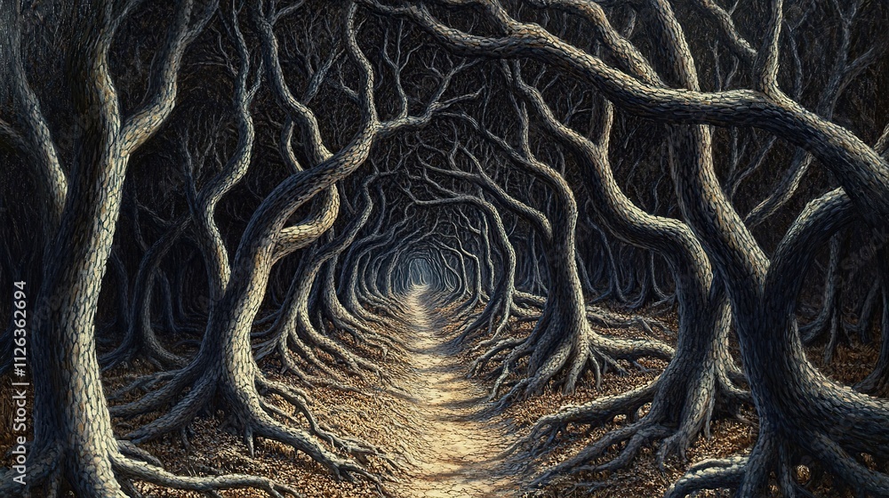 Poster a dense thicket of trees with no clear path, symbolizing confusion, mental block, and the inability 
