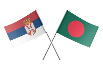  Crossed Bangladesh and Serbia flags. Official colors. Correct proportion. Poster design. Digital Image.