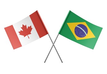 Crossed Brazil and Canada flags. Official colors. Correct proportion. Poster design. Digital Image.