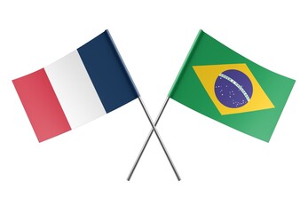  Crossed Brazil and France flags. Official colors. Correct proportion. Poster design. Digital Image.