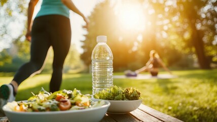 Encouraging a balance healthy lifestyle through nutrition and fitness, highlighting a vibrant salad green food and water bottle with a blurred image of a woman jogging in background a park.