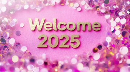 Welcome 2025: Glittering gold lettering on a vibrant pink background, surrounded by a cascade of shimmering confetti, announces the arrival of a new year, full of promise and possibility. 