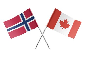  Crossed Canada and Norway flags. Official colors. Correct proportion. Poster design. Digital Image.