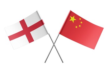 Crossed China and England flags. Official colors. Correct proportion. Poster design. Digital Image.