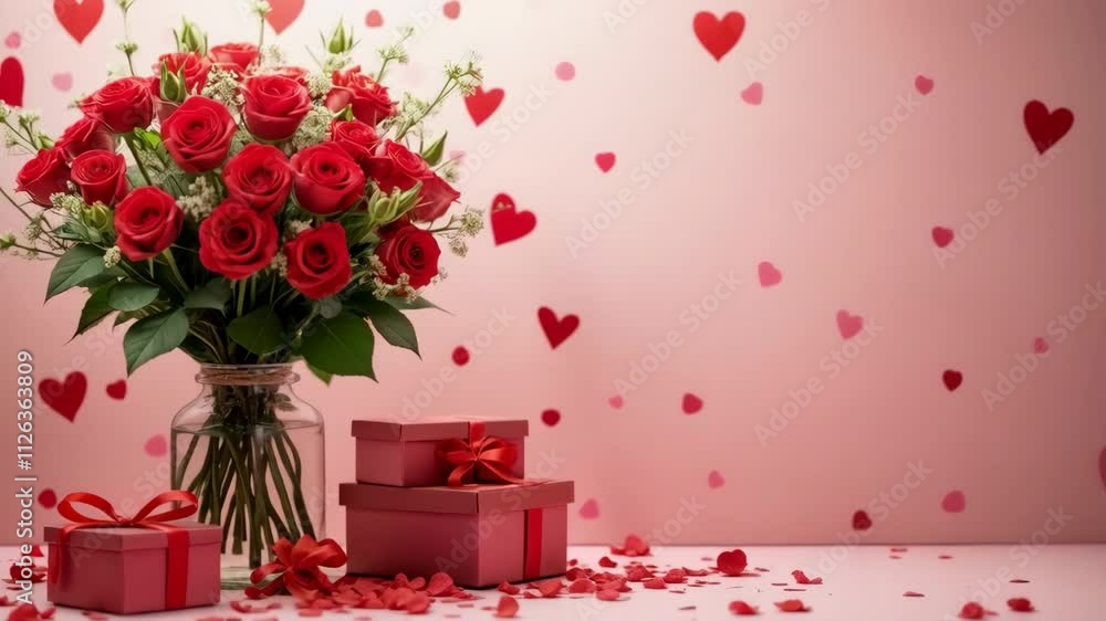 Poster a vase of red roses sits on a table next to two red boxes. the scene is set against a pink backgroun