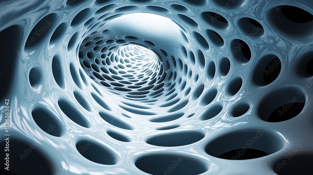 Poster exploring a futuristic tunnel with organic patterns and intricate designs revealing a luminous inter