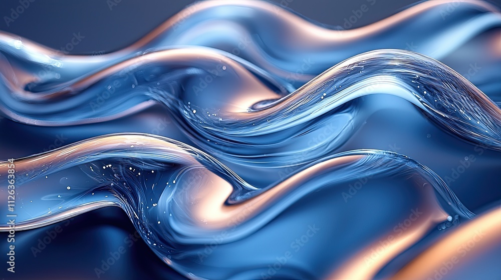 Poster waves of blue liquid creating a mesmerizing flow pattern with reflections and highlights in a tranqu