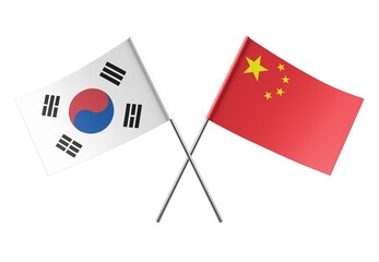  Crossed China and South Korea flags. Official colors. Correct proportion. Poster design. Digital...