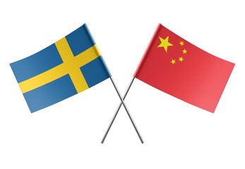  Crossed China and Sweden flags. Official colors. Correct proportion. Poster design. Digital Image.