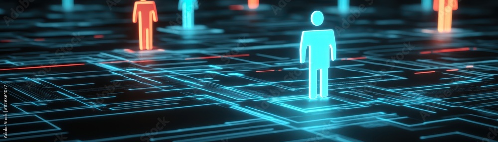 Poster person traversing a complex computer circuit, symbol of technological progress and digital innovatio
