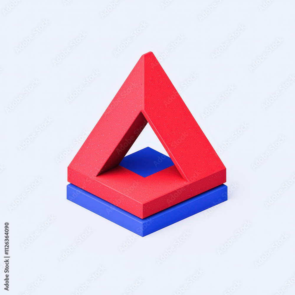 Poster vibrant red and blue geometric sculpture featuring triangular shape on square base, showcasing minim