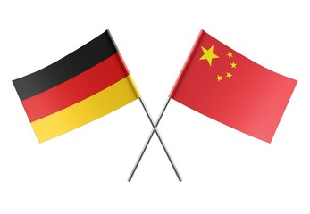 Crossed Germany and China flags. Official colors. Correct proportion. Poster design. Digital Image.