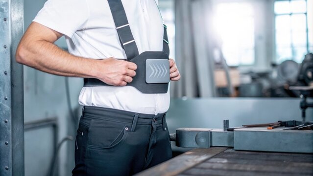 A technician wearing a smart belt that detects posture and provides feedback to encourage better ergonomics while performing manual tasks.