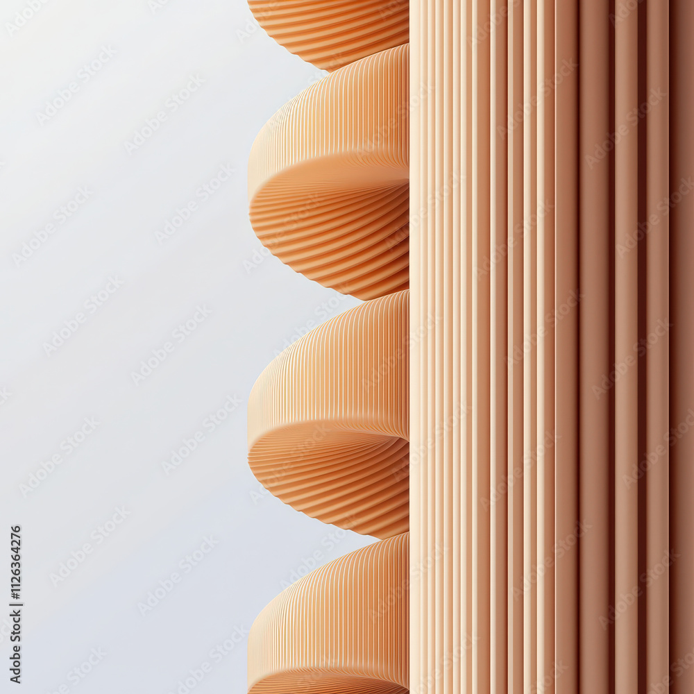 Poster minimalist architectural design featuring curved and ribbed elements in soft peach tones, creating g