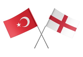  Crossed England and Turkey flags. Official colors. Correct proportion. Poster design. Digital Image.