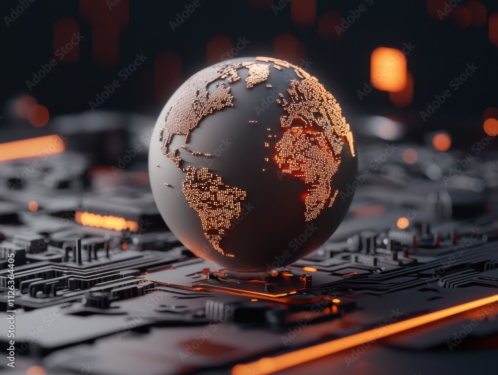 Poster a 3d globe with illuminated continents sits atop a dark, circuit-like surface, symbolizing technolog